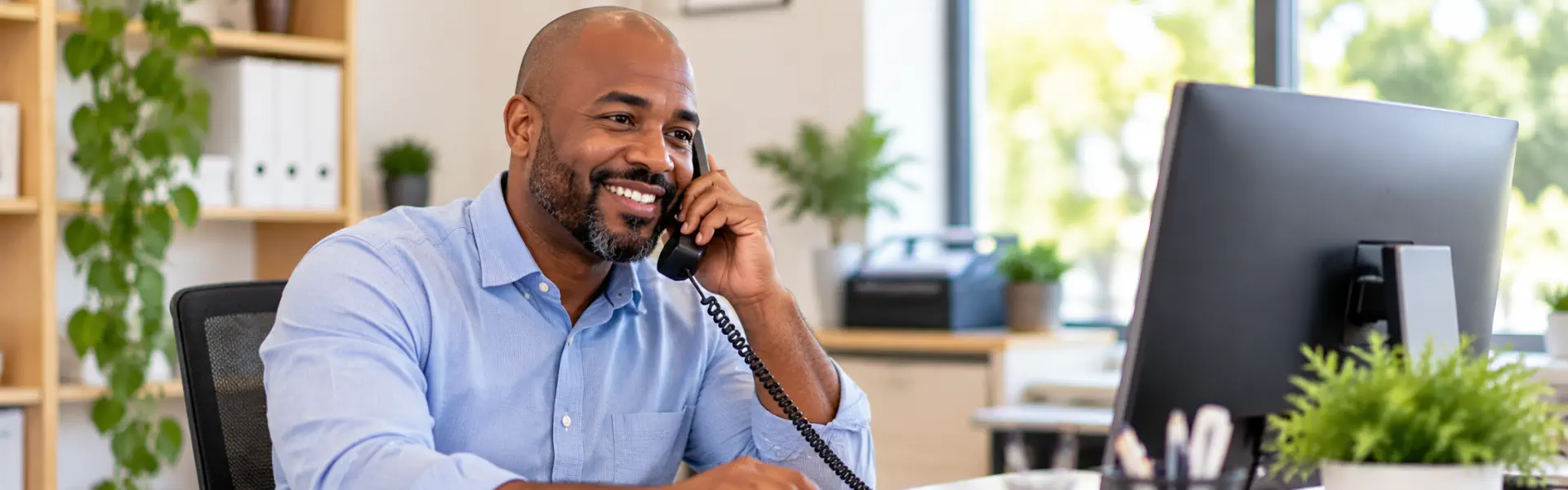 man in office on call